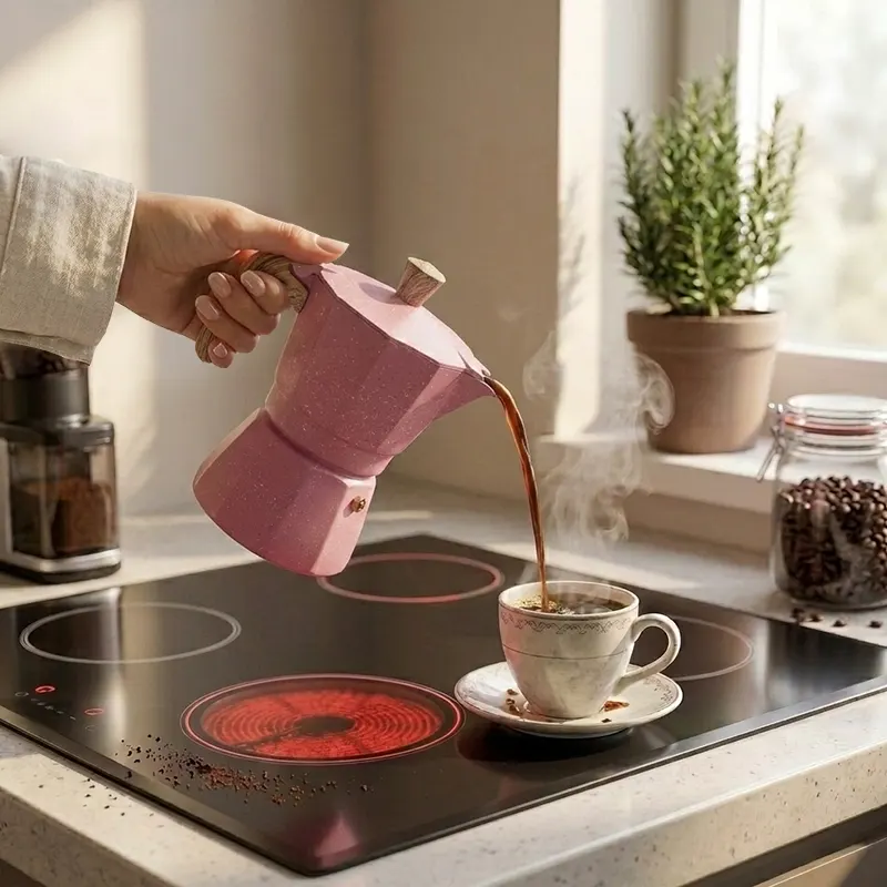 Cafetera Italiana Octogonal de Aluminio Estilo Turco Color Rosa